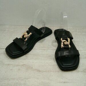 Aerosoles Boston Women's Black Leather Flat Sandals with Chain Detail Size 9.5 M